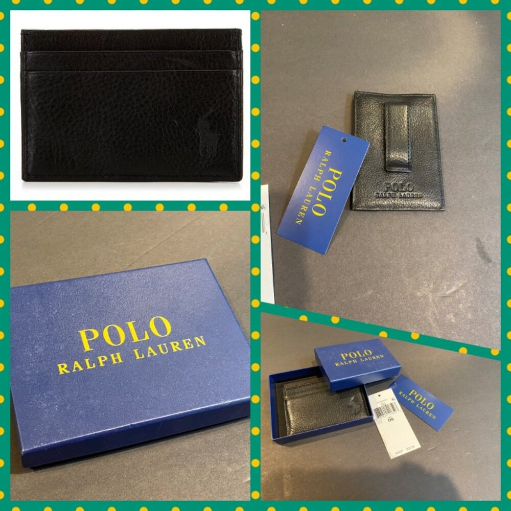 NWT Polo Ralph Lauren Men's Pebbled Leather Card Case Money Clip Gift Box Set